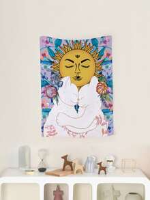 1pc Sun & Cat Pattern Tapestry With Storage Bag