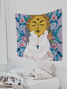 1pc Sun & Cat Pattern Tapestry With Storage Bag