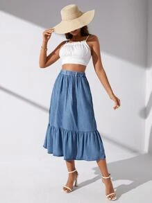 SHEIN Privé Women's Casual Denim Effect A-Line Skirt For Summer - Medium Wash - View 6