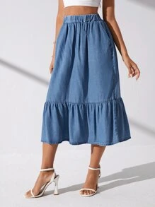 SHEIN Privé Women's Casual Denim Effect A-Line Skirt For Summer - Medium Wash - View 3