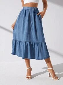 SHEIN Privé Women's Casual Denim Effect A-Line Skirt For Summer - Medium Wash - View 5