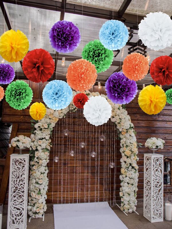 14pcs Mixed Color Tissue Pom Pom, Colorful Paper Hanging Decoration For