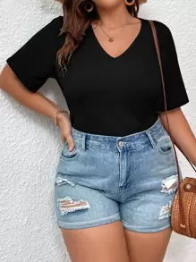 SHEIN LUNE Plus V Neck Bodysuit - Black - View 1