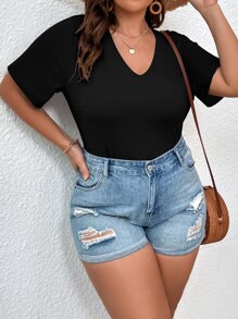 SHEIN LUNE Plus V Neck Bodysuit - Black - View 3