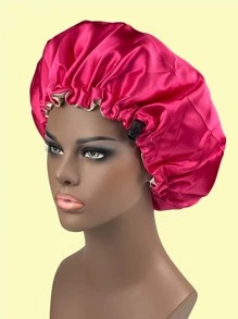 Drawstring Design Satin Hair Bonnet Hair Sleep Cap - Hot Pink - View 1