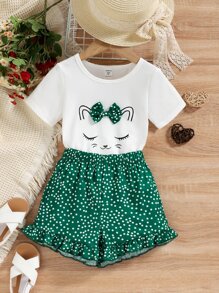 SHEIN 小女童卡通圖案前蝴蝶結T恤和波點圖案短褲 - 彩色 - 查看 1