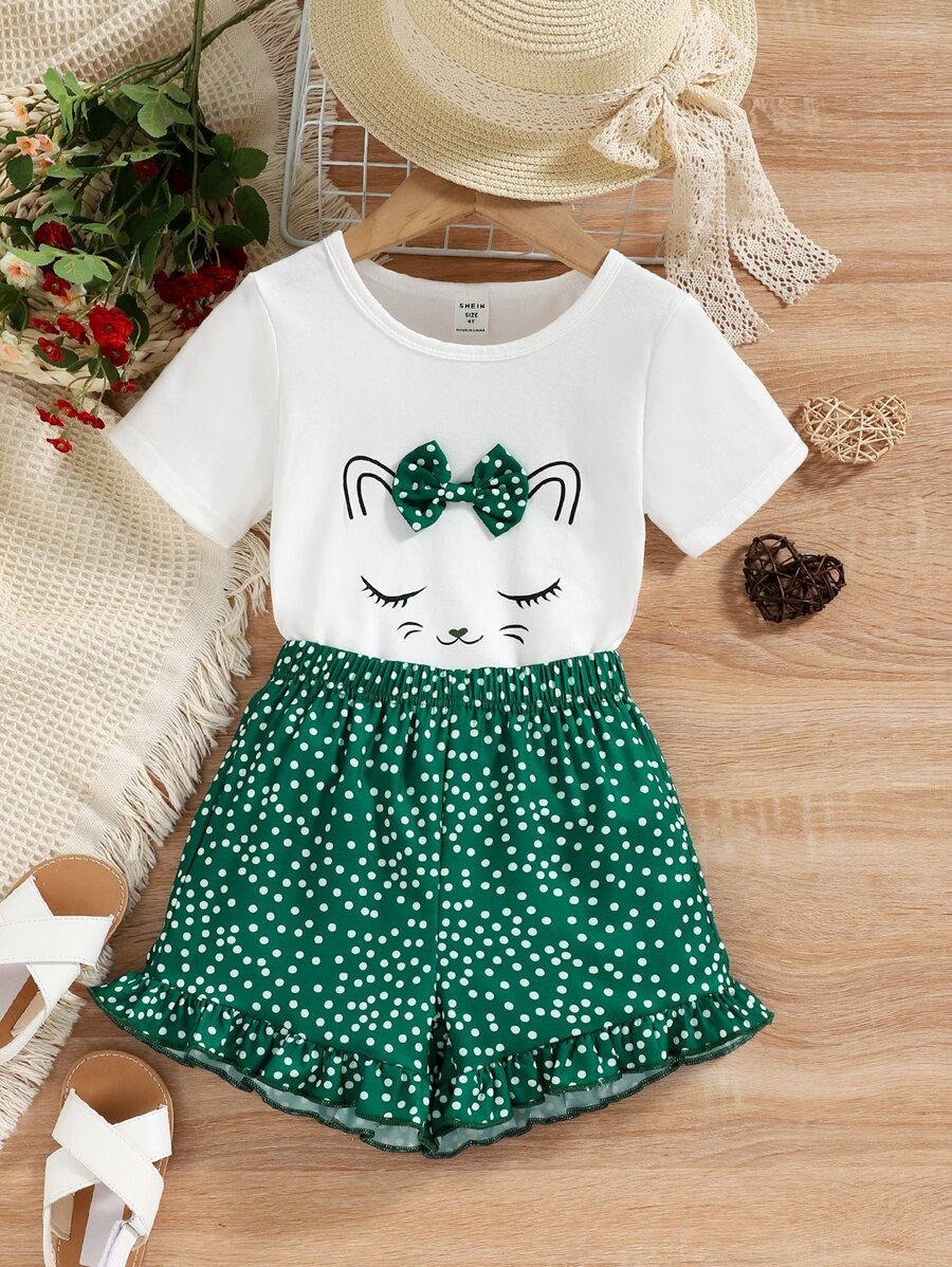 SHEIN 小女童卡通圖案前蝴蝶結T恤和波點圖案短褲 - 彩色 - 查看 1