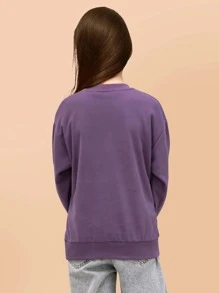 SOLOCOTE 女孩亮片拼接愛心圖案落肩袖套頭衫 - 紫色 - 查看 2