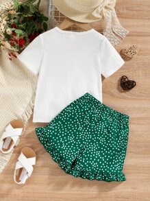SHEIN 小女童卡通圖案前蝴蝶結T恤和波點圖案短褲 - 彩色 - 查看 2