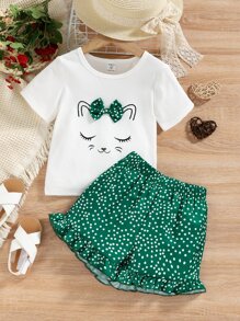 SHEIN 小女童卡通圖案前蝴蝶結T恤和波點圖案短褲 - 彩色 - 查看 3
