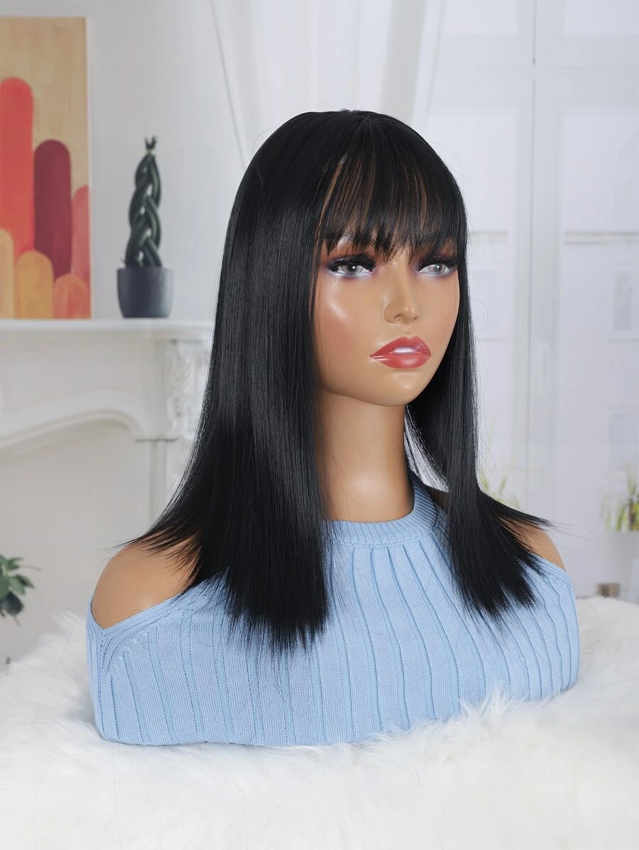 Peluca sintética lisa con tupe - Negro - Ver 1