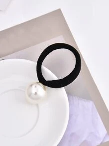 Faux Pearl Decor Hair Tie - Black - View 2