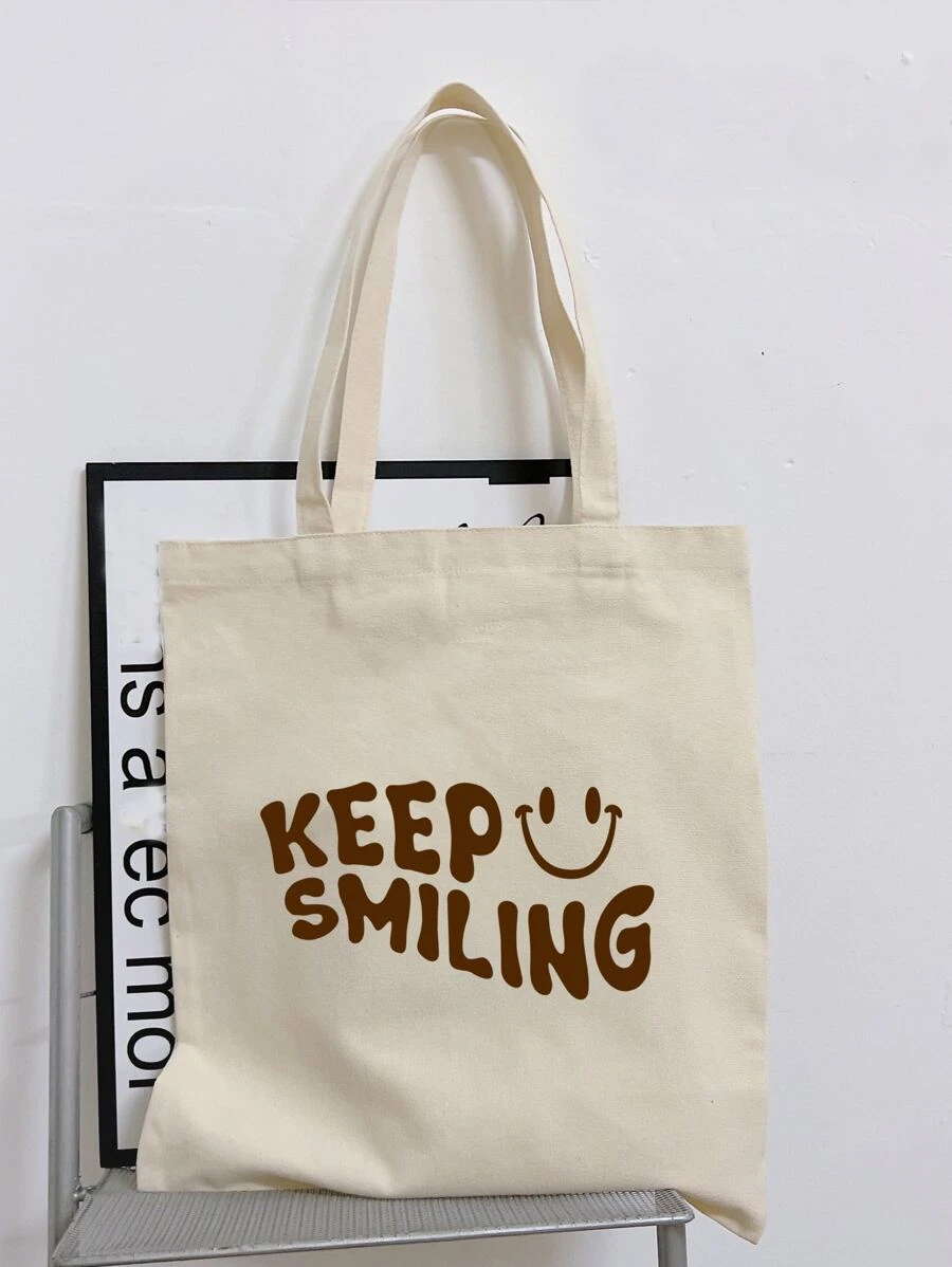 Expression & Slogan Graphic Shopper Bag School Bag For Graduate, Teen Girls, Freshman, Sophomore, Junior & Senior In College, University & High School, Perfect For Outdoors ,Travel & Back To School - Beige - View 1