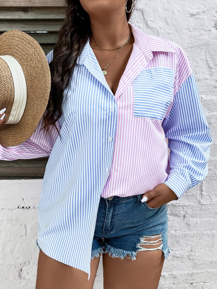 SHEIN LUNE Áo sơ mi Plus Size Túi Hem thô Nút phía trước Khối Màu Sọc Giải trí - Nhiều màu - Xem 1