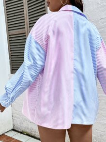 SHEIN LUNE Áo sơ mi Plus Size Túi Hem thô Nút phía trước Khối Màu Sọc Giải trí - Nhiều màu - Xem 2