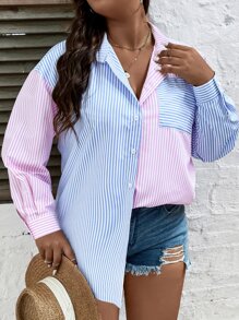 SHEIN LUNE Áo sơ mi Plus Size Túi Hem thô Nút phía trước Khối Màu Sọc Giải trí - Nhiều màu - Xem 3