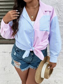 SHEIN LUNE Áo sơ mi Plus Size Túi Hem thô Nút phía trước Khối Màu Sọc Giải trí - Nhiều màu - Xem 5