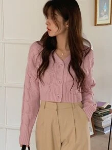 DAZY Drop Shoulder Cable Knit Cardigan,Fall Clothes - Baby Pink - View 2