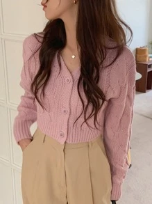 DAZY Drop Shoulder Cable Knit Cardigan,Fall Clothes - Baby Pink - View 3