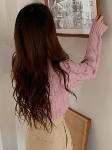 DAZY Drop Shoulder Cable Knit Cardigan,Fall Clothes - Baby Pink - View 8