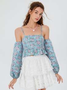 SHEIN MOD Ditsy Floral Cold Shoulder Blouse - Multicolor - View 1