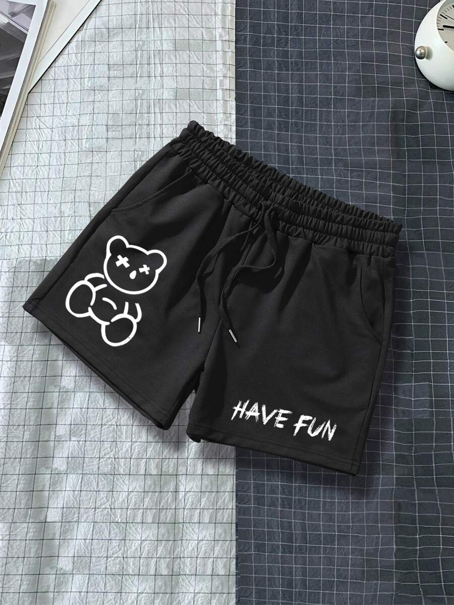 Manfinity Hypemode Men Slogan & Cartoon Graphic Drawstring Waist Shorts - Black - View 1