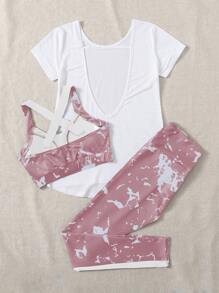 Easithlete 3件装图案印花运动文胸、紧身裤和T恤健身女套装 - 彩色 - 查看 2