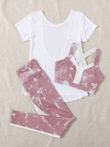 Easithlete 3件装图案印花运动文胸、紧身裤和T恤健身女套装 - 彩色 - 查看 4