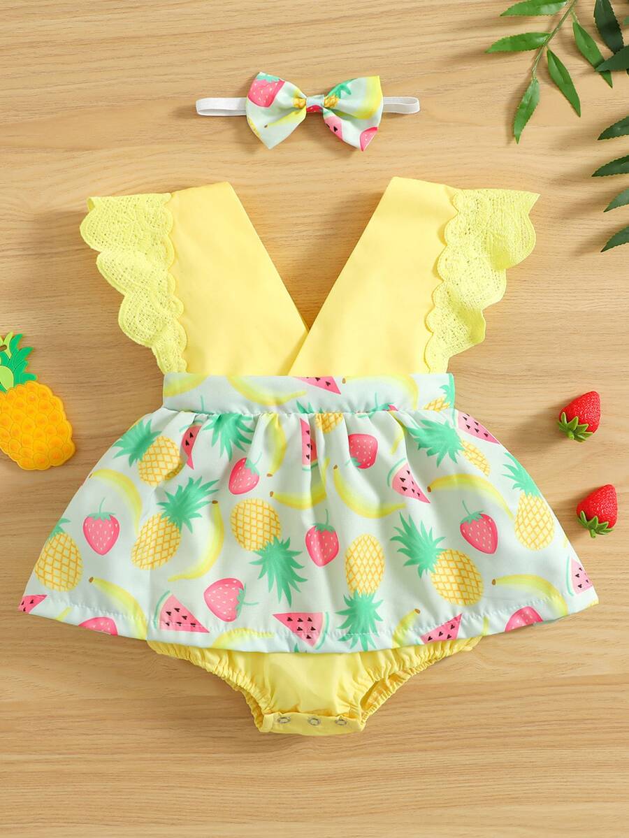 女婴水果圖案蕾絲邊假兩件連衣裙和髮帶 - 彩色 - 查看 1