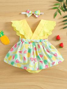 女婴水果圖案蕾絲邊假兩件連衣裙和髮帶 - 彩色 - 查看 2