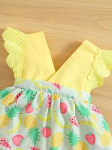 女婴水果圖案蕾絲邊假兩件連衣裙和髮帶 - 彩色 - 查看 3