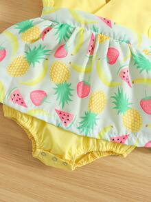 女婴水果圖案蕾絲邊假兩件連衣裙和髮帶 - 彩色 - 查看 4