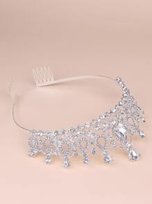Rhinestone Decor Crown Hair Accessory Elegant - Silver - View 3