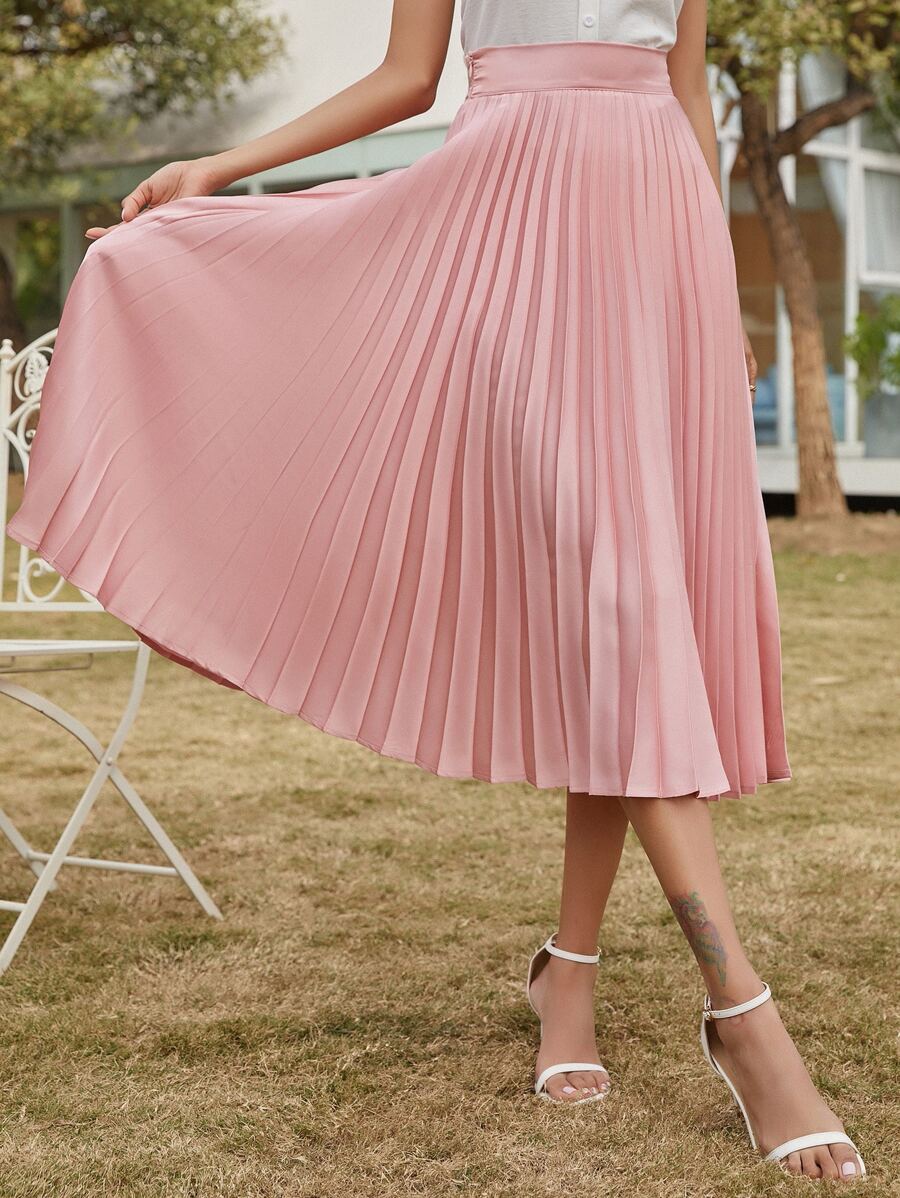 SHEIN Frenchy Solid High Waist Pleated Skirt Winter Elegant Pink - Dusty Pink - View 1