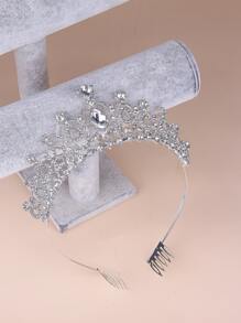 Rhinestone Decor Crown Hair Accessory Elegant - Silver - View 4