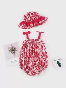 Peninsula Baby 女婴蝴蝶結細節花卉連體衣附帶帽子 - 紅白色 - 查看 1