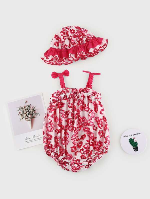 Peninsula Baby 女婴蝴蝶結細節花卉連體衣附帶帽子