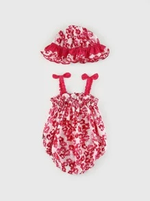 Peninsula Baby 女婴蝴蝶結細節花卉連體衣附帶帽子 - 紅白色 - 查看 2