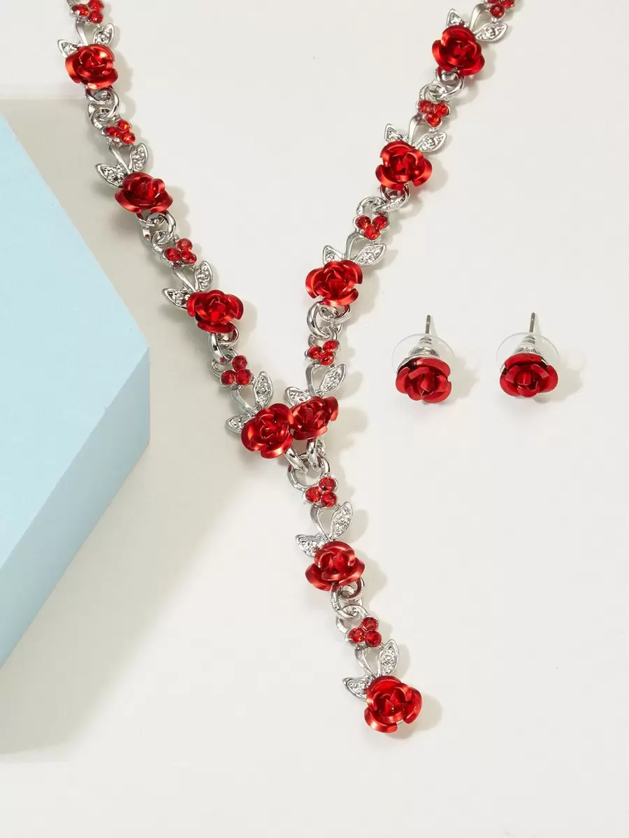 3pcs Flower Design Jewelry Set - Red - View 1