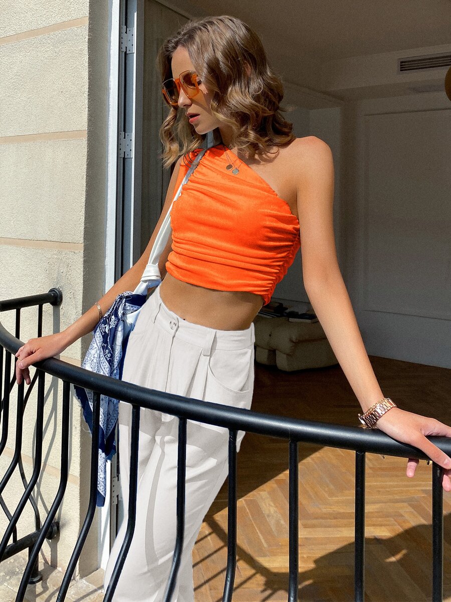 Sollinarry Top corto neón naranja de un hombro fruncido - Naranja - Ver 1