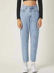 SHEIN Frenchy 石洗中腰媽媽牛仔褲 - 淺色水洗藍 - 查看 5
