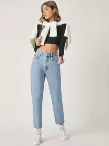SHEIN Frenchy 石洗中腰媽媽牛仔褲 - 淺色水洗藍 - 查看 6