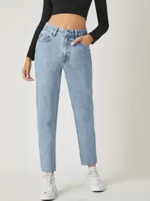 SHEIN Frenchy 石洗中腰媽媽牛仔褲 - 淺色水洗藍 - 查看 7