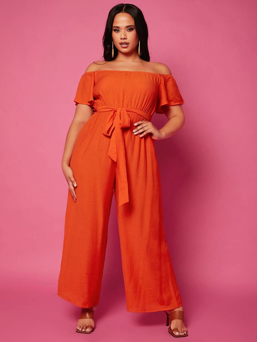 Jumpsuits Plus Size Thắt lưng màu trơn Boho - trái cam - Xem 1