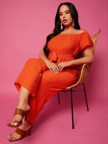 Jumpsuits Plus Size Thắt lưng màu trơn Boho - trái cam - Xem 3
