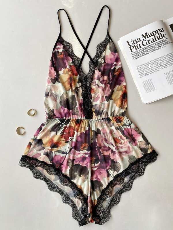 Floral Lace Trim Romper ,Vacation