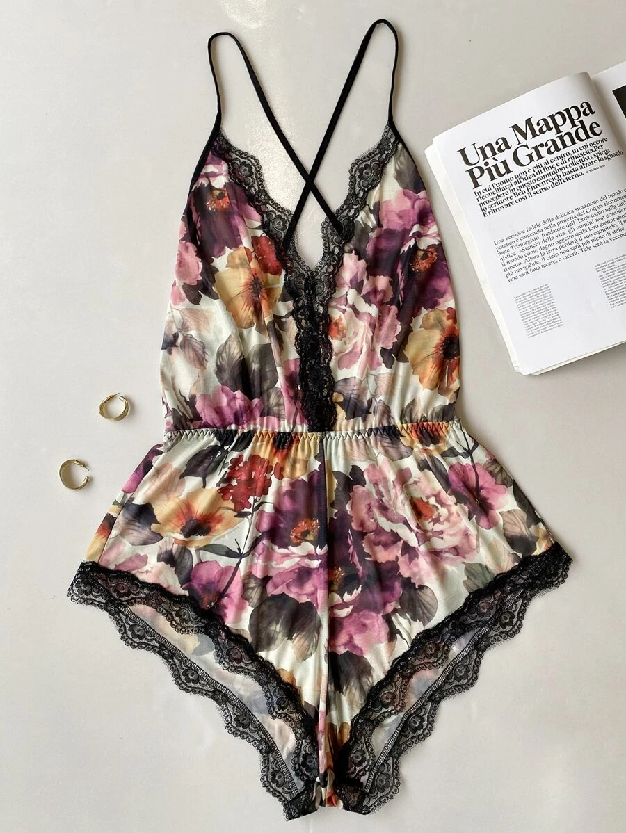 SilkySpell Floral Lace Trim Romper