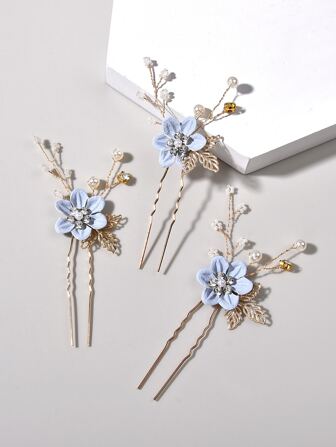 3pcs Flower & Rhinestone Decor Hairpin Elegant Hair Accessories Bridal Headwear Valentine's Day Accessories