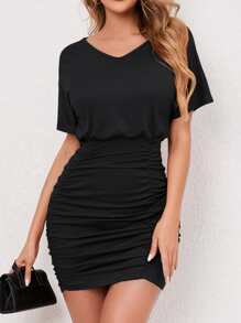 INAWLY Vestido unicolor de manga murciélago fruncido - Negro - Ver 1