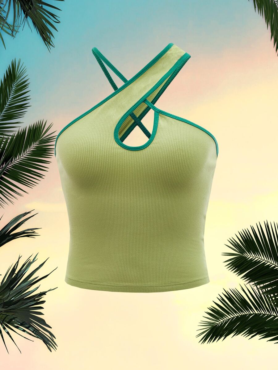 SHEIN ICON 撞色滾邊交叉上衣 - 青檸色 - 查看 1